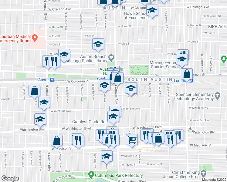 map of restaurants, bars, coffee shops, grocery stores, and more near 306 North Central Avenue in Chicago