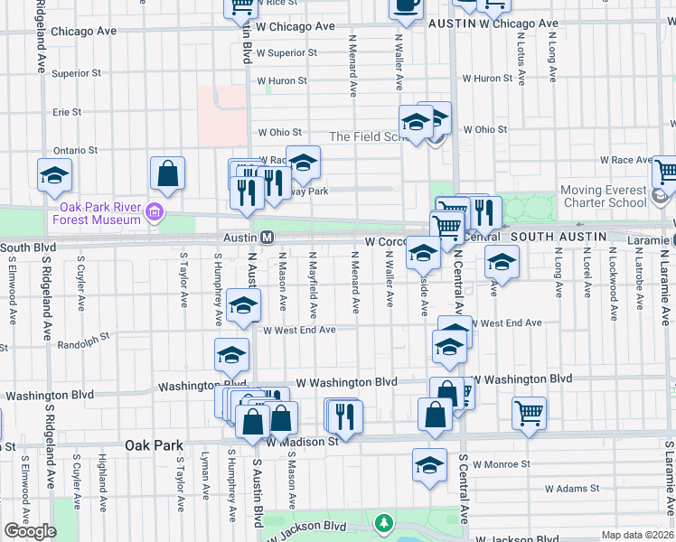 map of restaurants, bars, coffee shops, grocery stores, and more near 314 North Menard Avenue in Chicago