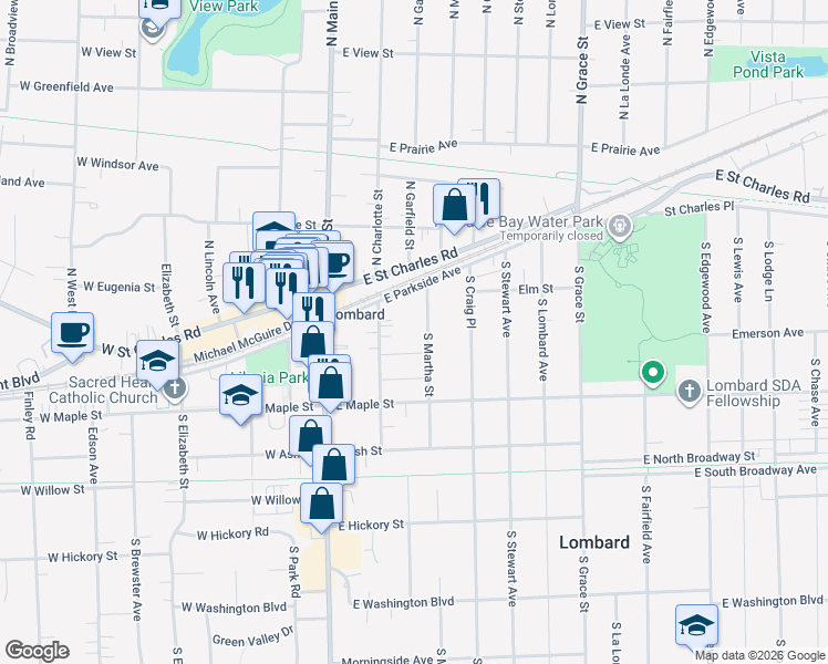 map of restaurants, bars, coffee shops, grocery stores, and more near 123 South Charlotte Street in Lombard