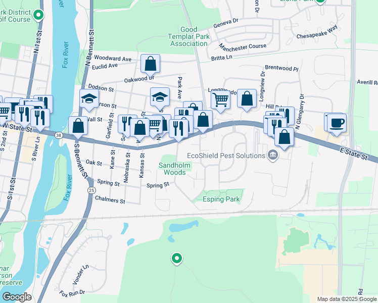 map of restaurants, bars, coffee shops, grocery stores, and more near 25 Sandholm Street in Geneva