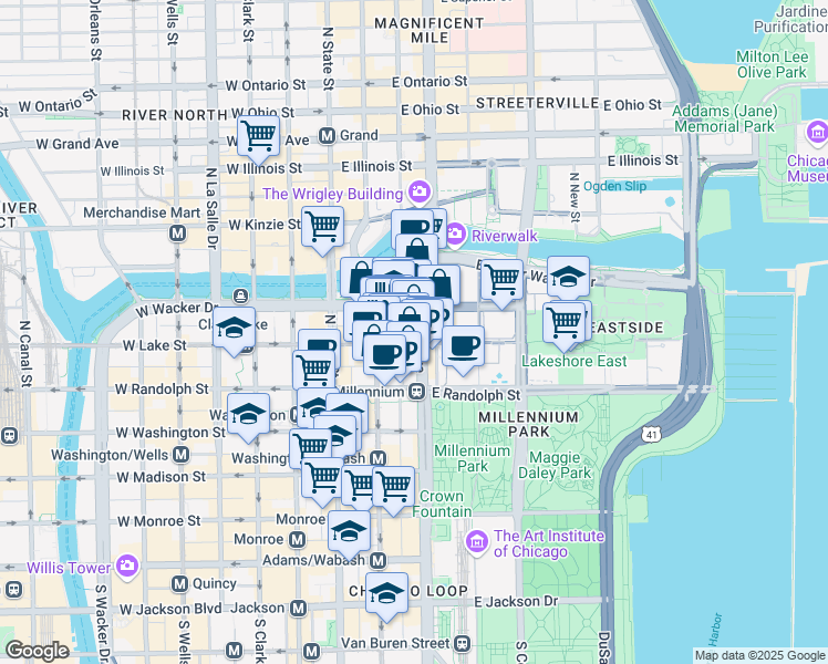 map of restaurants, bars, coffee shops, grocery stores, and more near 200 North Michigan Avenue in Chicago