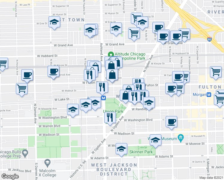 map of restaurants, bars, coffee shops, grocery stores, and more near 222 North Justine Street in Chicago
