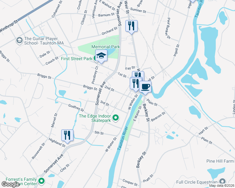 map of restaurants, bars, coffee shops, grocery stores, and more near 22 2nd Street in Taunton