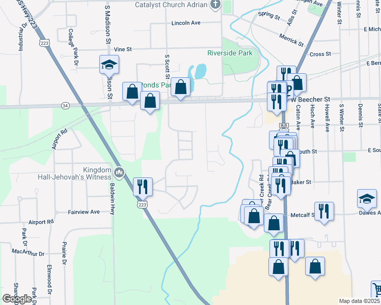 map of restaurants, bars, coffee shops, grocery stores, and more near 421 Cheyenne River Drive in Adrian