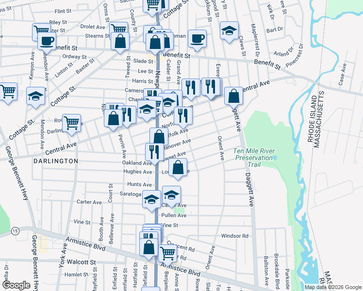 map of restaurants, bars, coffee shops, grocery stores, and more near 47 Hanover Avenue in Pawtucket