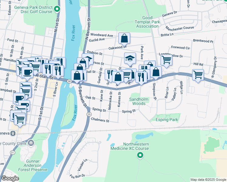 map of restaurants, bars, coffee shops, grocery stores, and more near 402 East State Street in Geneva