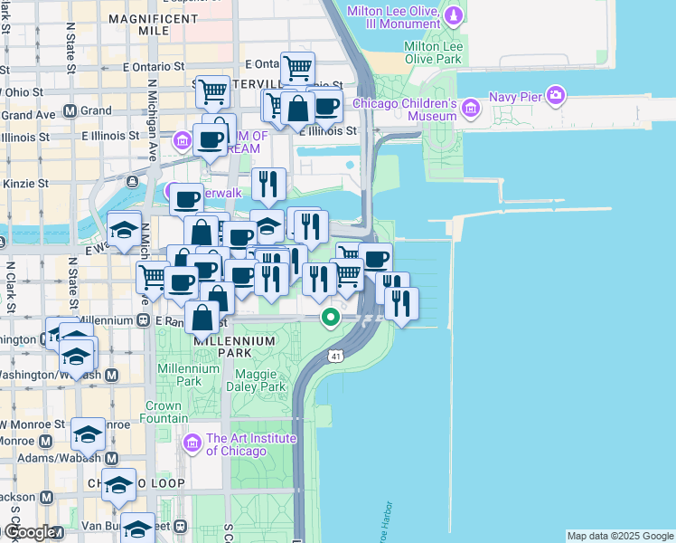 map of restaurants, bars, coffee shops, grocery stores, and more near 195 North Harbor Service Drive in Chicago