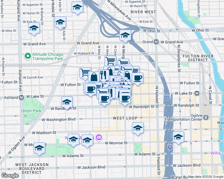 map of restaurants, bars, coffee shops, grocery stores, and more near 215 North Aberdeen Street in Chicago