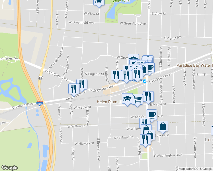 map of restaurants, bars, coffee shops, grocery stores, and more near 306 West Saint Charles Road in Lombard