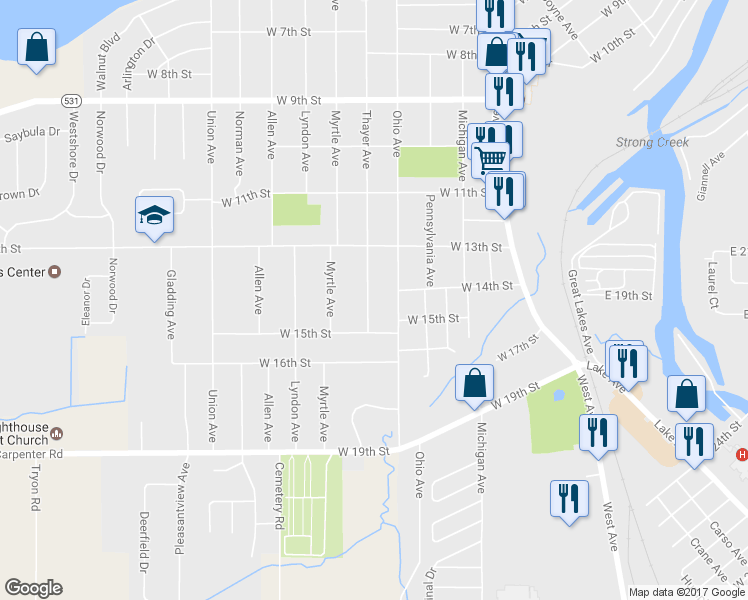 map of restaurants, bars, coffee shops, grocery stores, and more near 1416 Thayer Avenue in Ashtabula