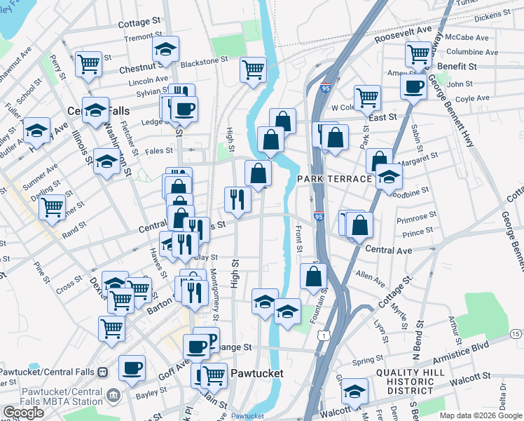 map of restaurants, bars, coffee shops, grocery stores, and more near 531 Roosevelt Avenue in Central Falls