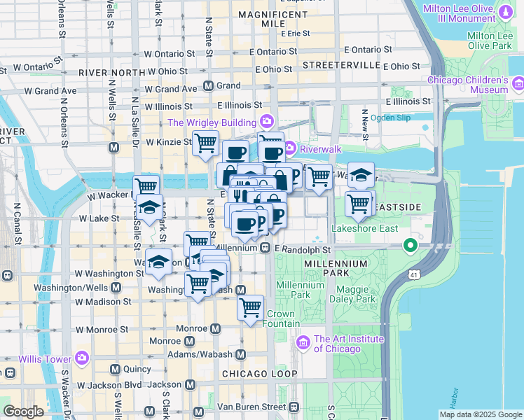 map of restaurants, bars, coffee shops, grocery stores, and more near 201 North Michigan Avenue in Chicago