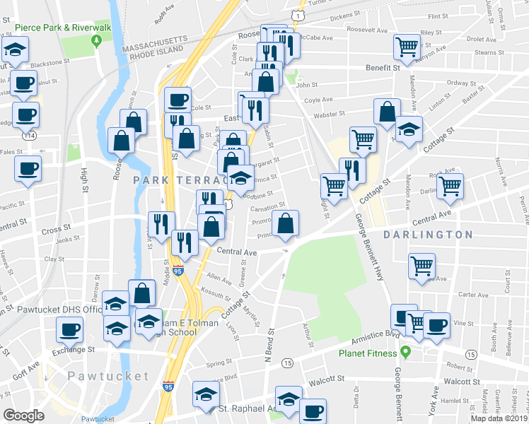 map of restaurants, bars, coffee shops, grocery stores, and more near 193 Carnation Street in Pawtucket