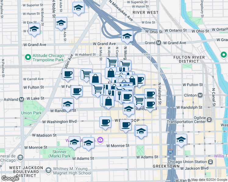 map of restaurants, bars, coffee shops, grocery stores, and more near in Chicago