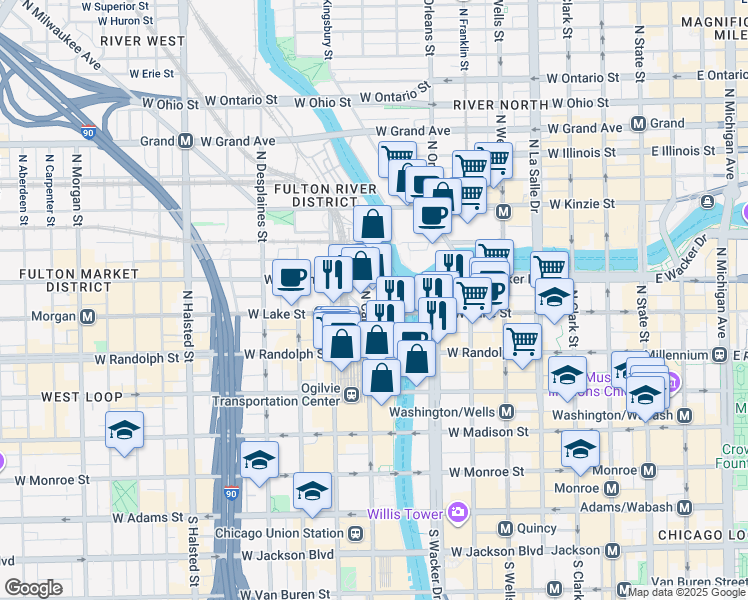 map of restaurants, bars, coffee shops, grocery stores, and more near 444 West Lake Street in Chicago
