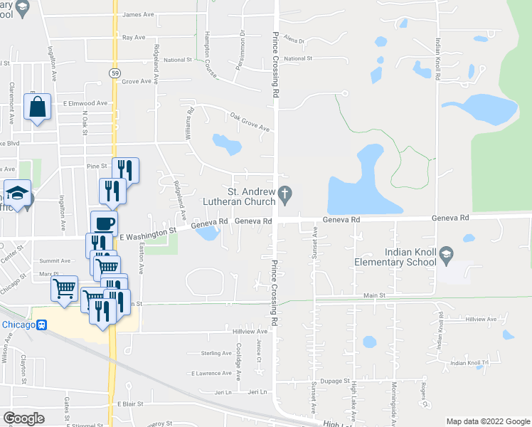 map of restaurants, bars, coffee shops, grocery stores, and more near 989 Geneva Road in West Chicago
