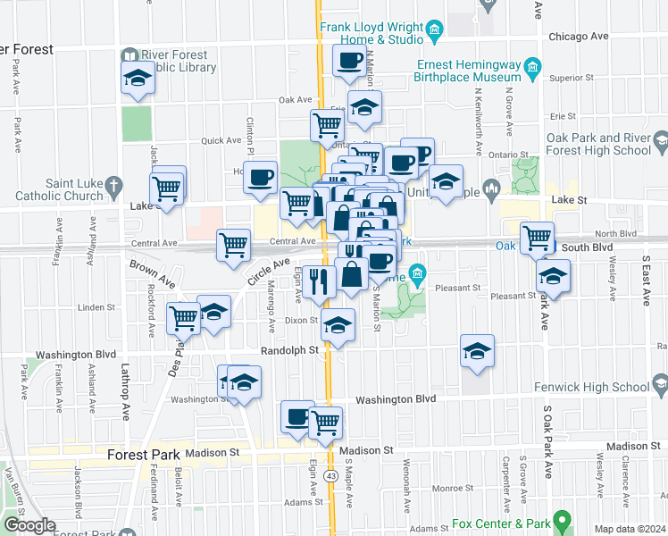 map of restaurants, bars, coffee shops, grocery stores, and more near 111 South Maple Avenue in Oak Park