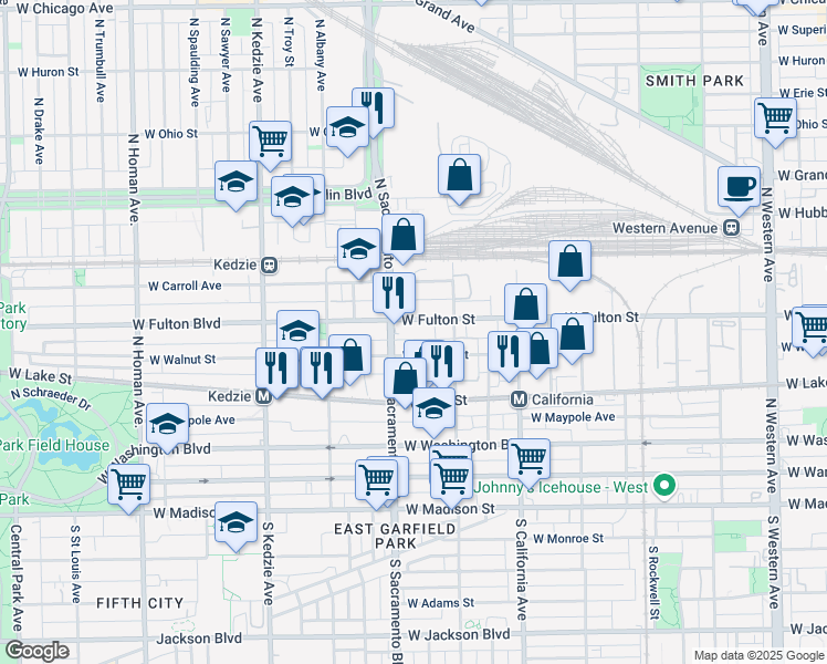 map of restaurants, bars, coffee shops, grocery stores, and more near 2945 West Fulton Street in Chicago
