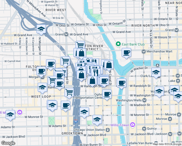 map of restaurants, bars, coffee shops, grocery stores, and more near 200 North Jefferson Street in Chicago