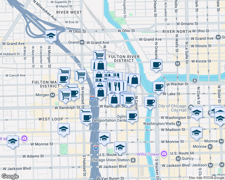 map of restaurants, bars, coffee shops, grocery stores, and more near 200 North Jefferson Street in Chicago
