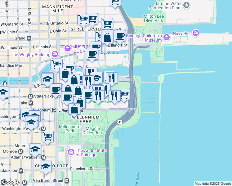 map of restaurants, bars, coffee shops, grocery stores, and more near 181 North Westshore Drive in Chicago