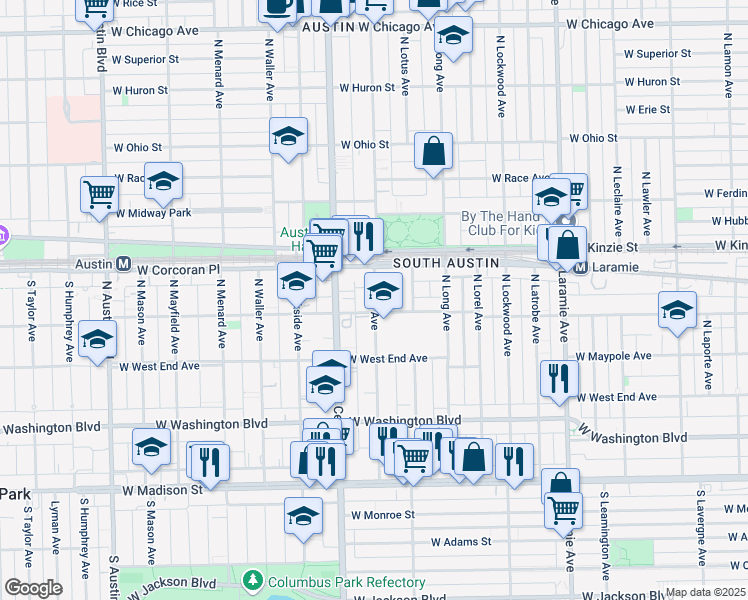 map of restaurants, bars, coffee shops, grocery stores, and more near 302 North Pine Avenue in Chicago