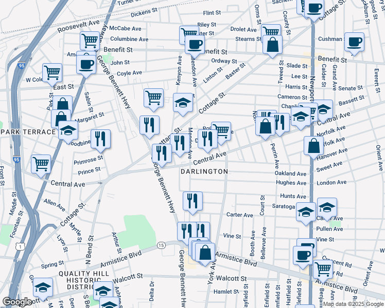map of restaurants, bars, coffee shops, grocery stores, and more near 155 Mendon Avenue in Pawtucket