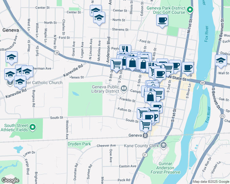 map of restaurants, bars, coffee shops, grocery stores, and more near 208 Campbell Court in Geneva
