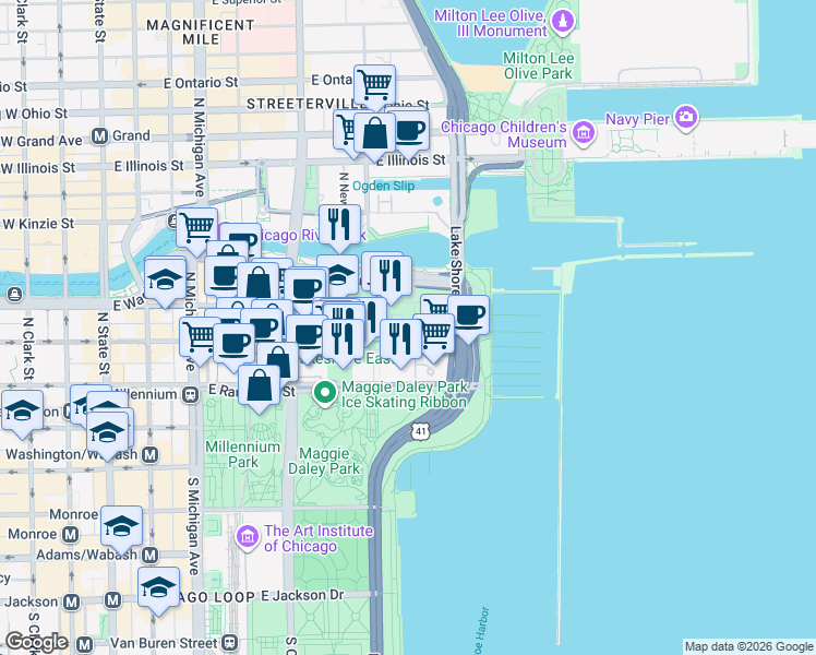 map of restaurants, bars, coffee shops, grocery stores, and more near 201 North Westshore Drive in Chicago