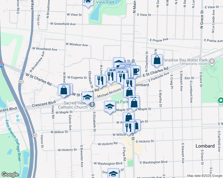 map of restaurants, bars, coffee shops, grocery stores, and more near 1 South Lincoln Avenue in Lombard