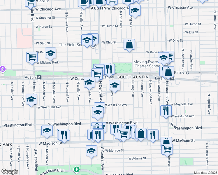 map of restaurants, bars, coffee shops, grocery stores, and more near 312 North Pine Avenue in Chicago