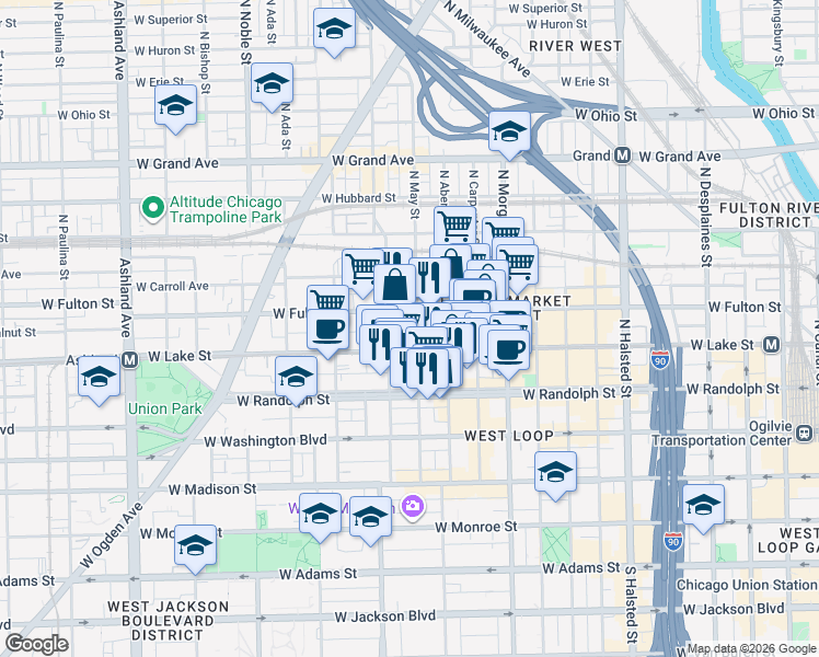 map of restaurants, bars, coffee shops, grocery stores, and more near 216 North May Street in Chicago