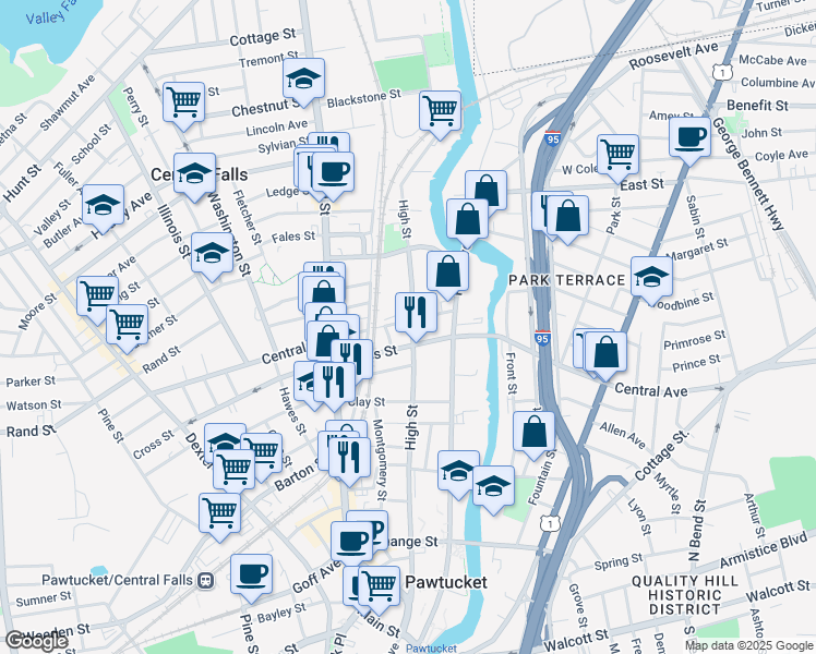 map of restaurants, bars, coffee shops, grocery stores, and more near 476 High Street in Central Falls