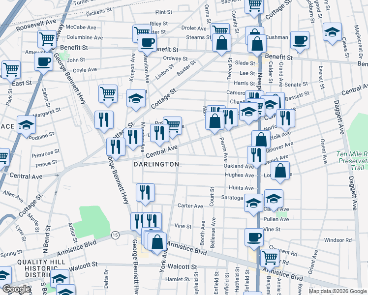 map of restaurants, bars, coffee shops, grocery stores, and more near 579 Central Avenue in Pawtucket
