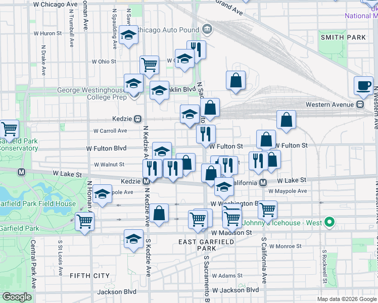 map of restaurants, bars, coffee shops, grocery stores, and more near 3031 West Fulton Street in Chicago