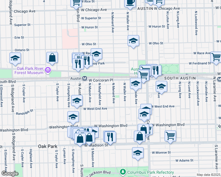 map of restaurants, bars, coffee shops, grocery stores, and more near 314 North Menard Avenue in Chicago