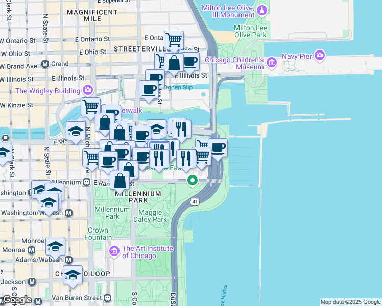 map of restaurants, bars, coffee shops, grocery stores, and more near 201 North Westshore Drive in Chicago