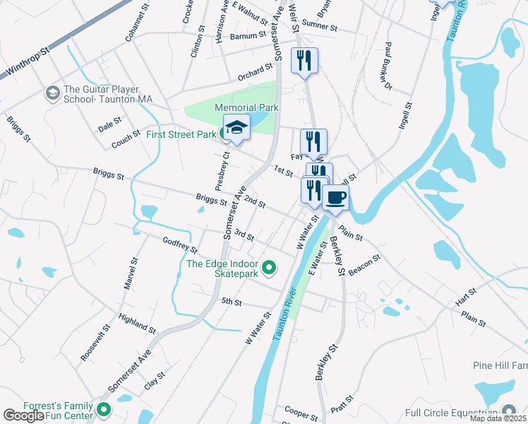 map of restaurants, bars, coffee shops, grocery stores, and more near 22 2nd Street in Taunton