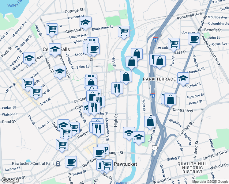 map of restaurants, bars, coffee shops, grocery stores, and more near 27 Cross Street in Central Falls