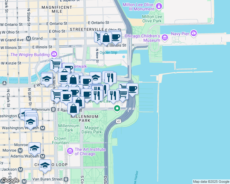 map of restaurants, bars, coffee shops, grocery stores, and more near 181 North Westshore Drive in Chicago