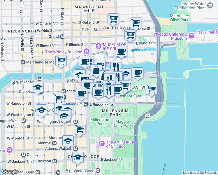 map of restaurants, bars, coffee shops, grocery stores, and more near 200 North Columbus Drive in Chicago