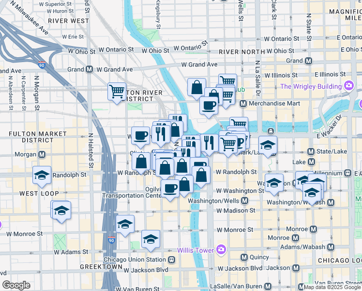 map of restaurants, bars, coffee shops, grocery stores, and more near 1817 West Lake Street in Chicago