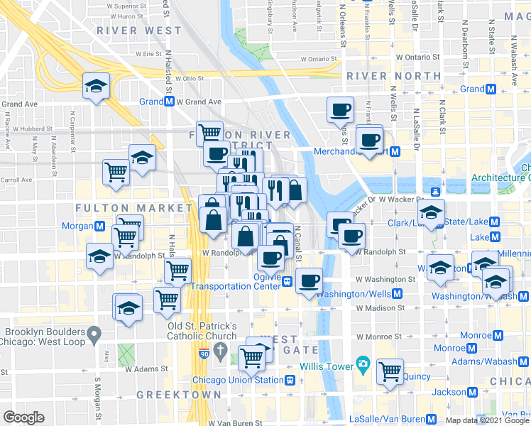 map of restaurants, bars, coffee shops, grocery stores, and more near in Chicago