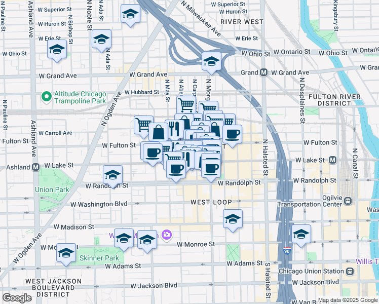 map of restaurants, bars, coffee shops, grocery stores, and more near in Chicago