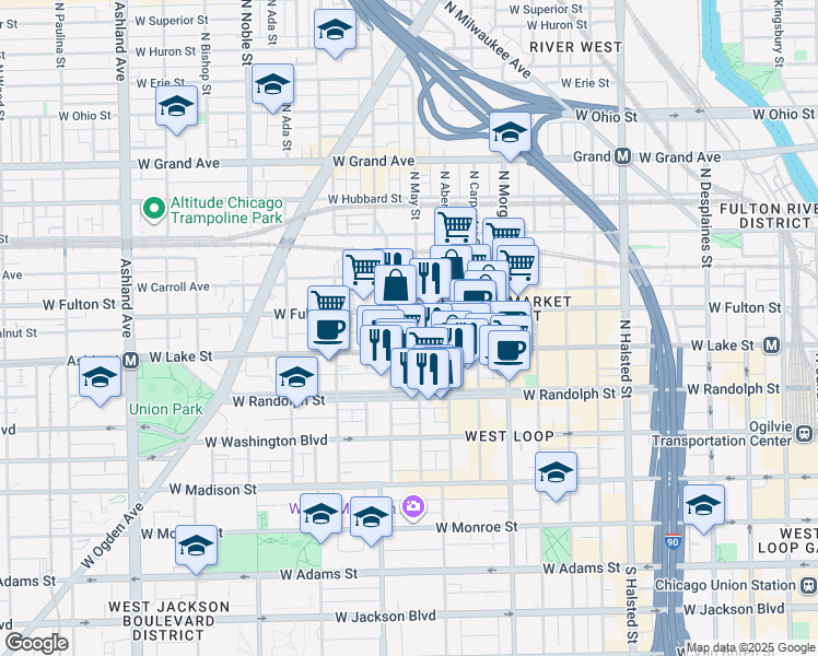 map of restaurants, bars, coffee shops, grocery stores, and more near 216 North May Street in Chicago