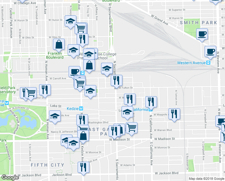 map of restaurants, bars, coffee shops, grocery stores, and more near in Chicago