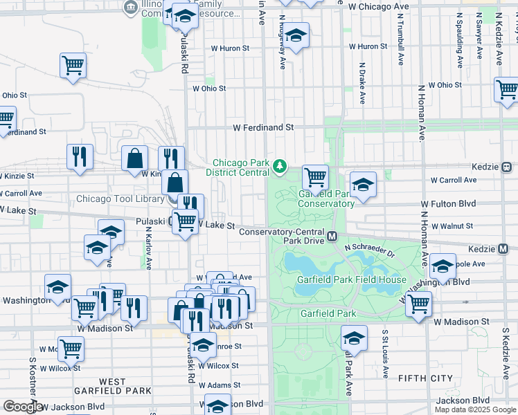 map of restaurants, bars, coffee shops, grocery stores, and more near 322 North Hamlin Avenue in Chicago