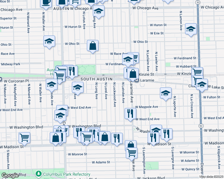 map of restaurants, bars, coffee shops, grocery stores, and more near 311 North Lockwood Avenue in Chicago