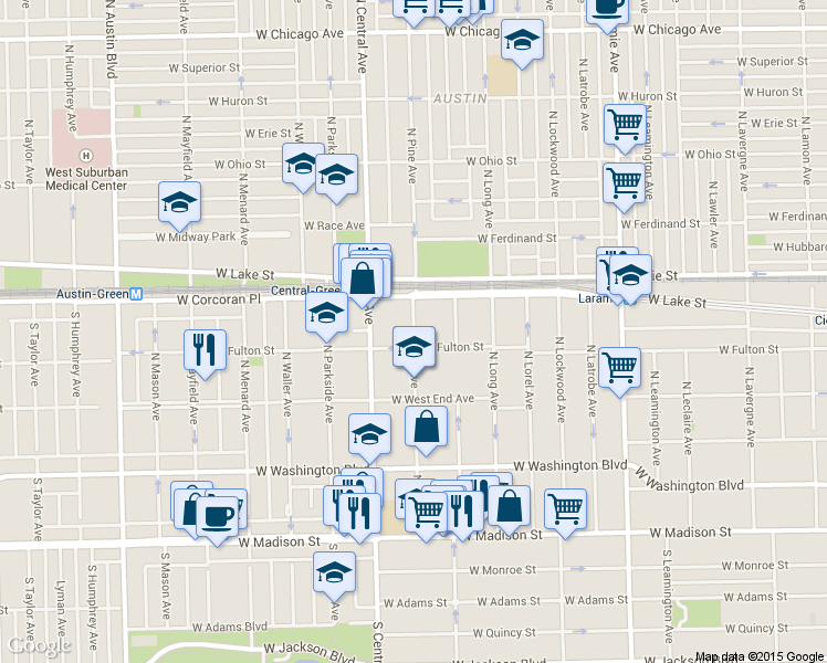 map of restaurants, bars, coffee shops, grocery stores, and more near 302 North Pine Avenue in Chicago