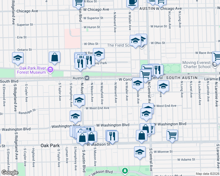 map of restaurants, bars, coffee shops, grocery stores, and more near 314 North Menard Avenue in Chicago